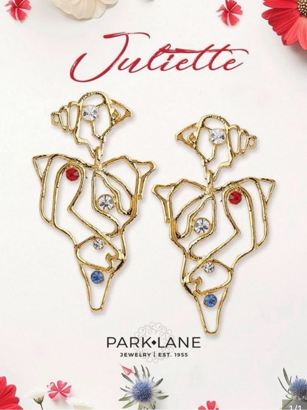 Park Lane Gold Floral Outline Earrings with Red, Blue and Clear Stones